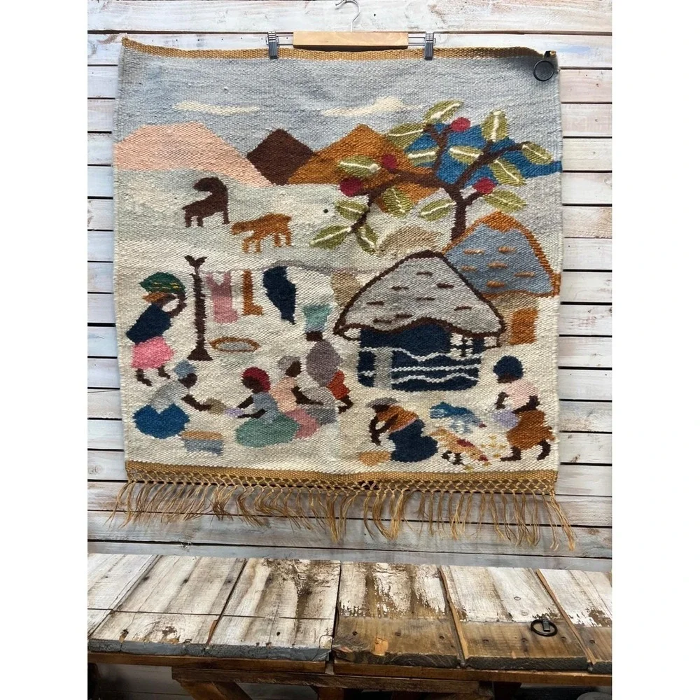 Vintage Afro Weavers Wool Hand Woven Tapestry Village Scene‎ Wall Hanging 95x90